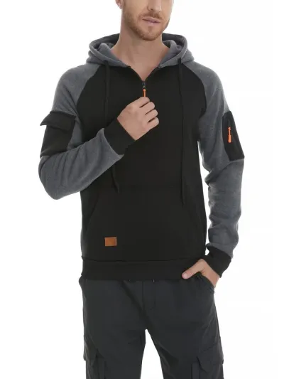 Men'S Fashion Casual Autumn Winter Color Block Zipper Long-Sleeve Round Neck Hoodies