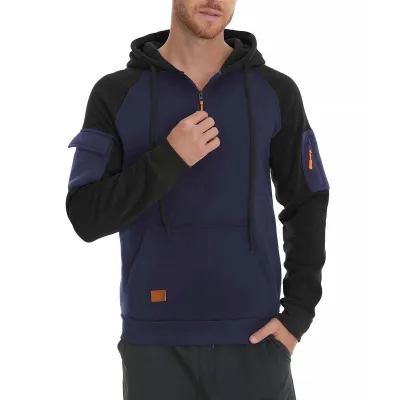 Men'S Fashion Casual Autumn Winter Color Block Zipper Long-Sleeve Round Neck Hoodies