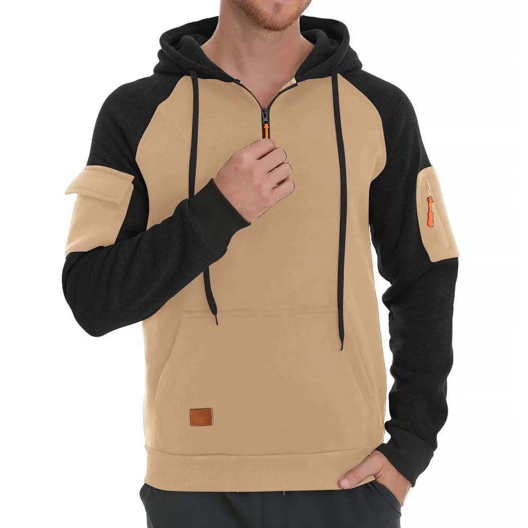 Men'S Fashion Casual Autumn Winter Color Block Zipper Long-Sleeve Round Neck Hoodies