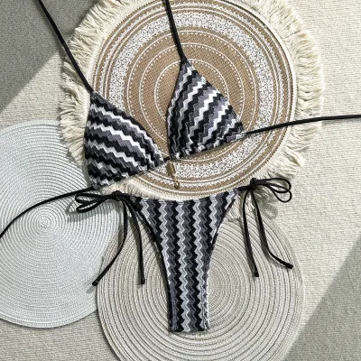 Women Fashion Sexy Stripe Gradient Halter-Neck Lace-Up Bikini Swimsuit