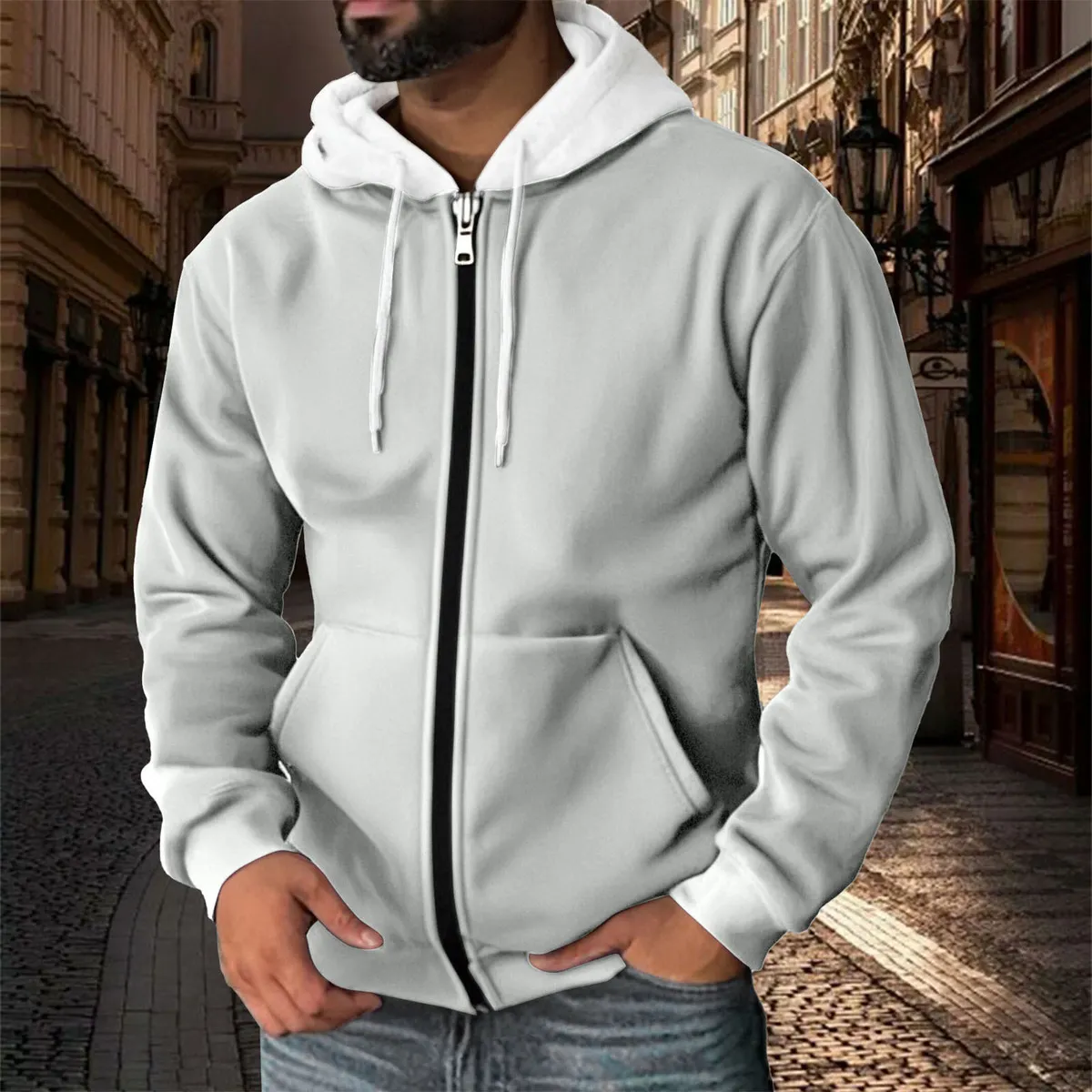 Men's Fashion Casual Autumn Solid Color Zipper Long Sleeve Fleece Hoodies Cardigan