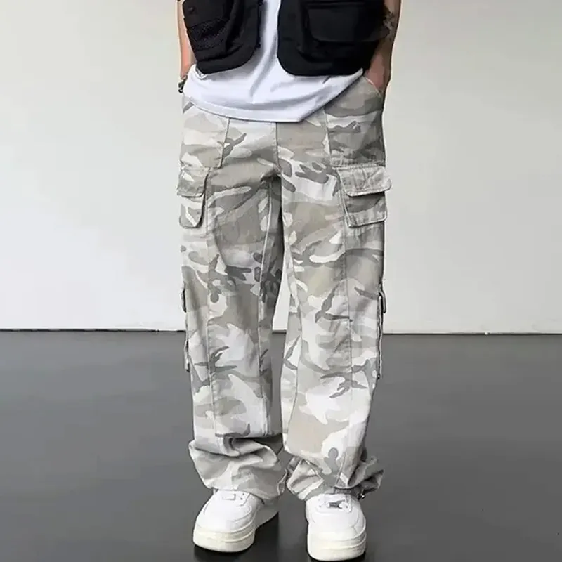 Men Casual Grey Camouflage Multi-Pocket Loose Straight Work Pants
