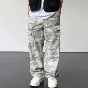 Men Casual Grey Camouflage Multi-Pocket Loose Straight Work Pants