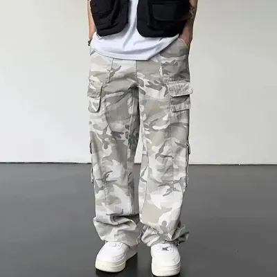 Men Casual Grey Camouflage Multi-Pocket Loose Straight Work Pants