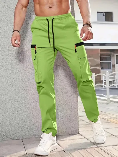 Men's Casual Straight Leg Work Pants with Multi Pockets Solid Color