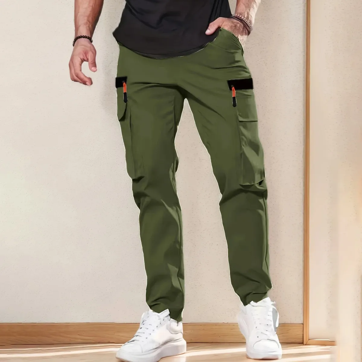 Men's Casual Straight Leg Work Pants with Multi Pockets Solid Color