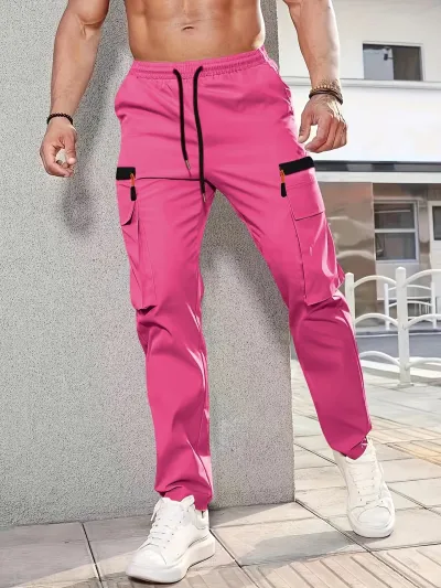 Men's Casual Straight Leg Work Pants with Multi Pockets Solid Color