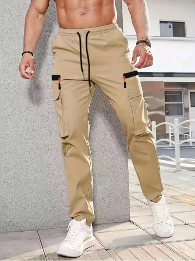 Men's Casual Straight Leg Work Pants with Multi Pockets Solid Color
