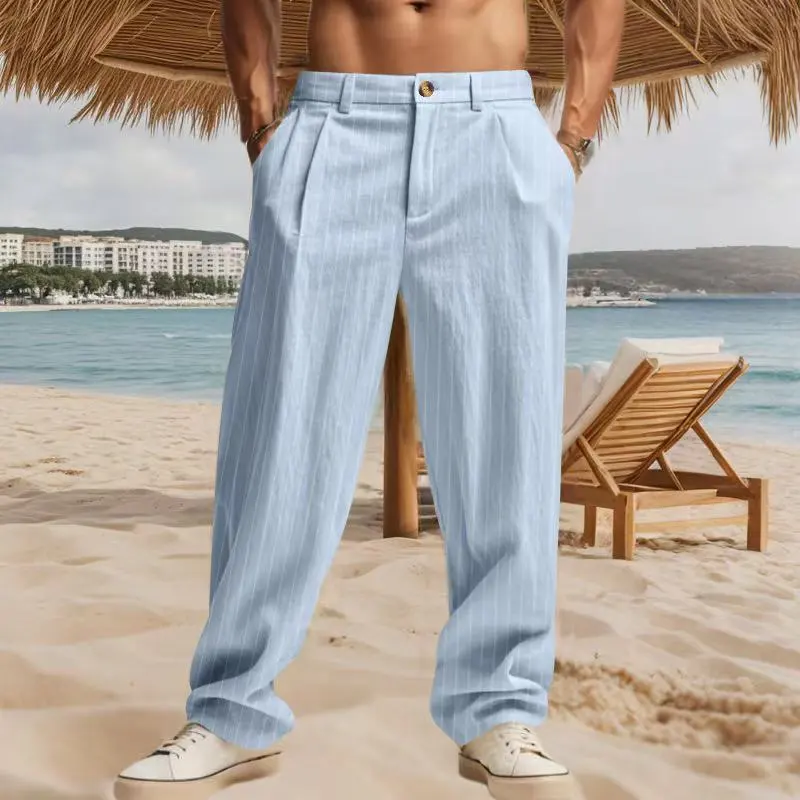 Men's Casual Linen Stripe Loose Fit Lightweight Pants