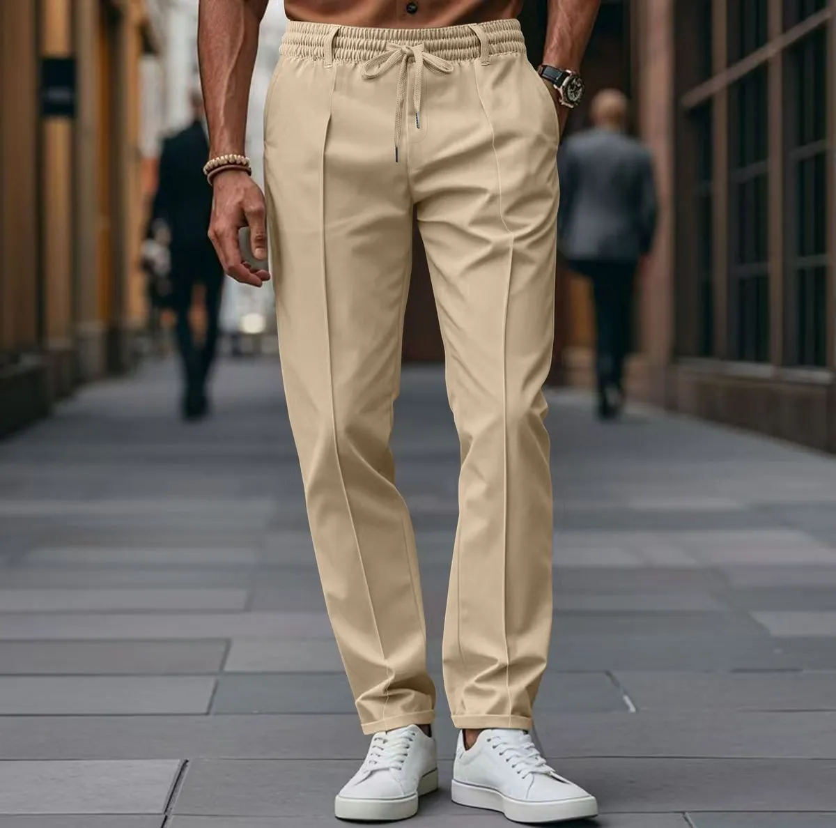 Men's Lightly Mature Casual Solid Color Cotton-Like Loose-Fitting Pants Mid-Waist