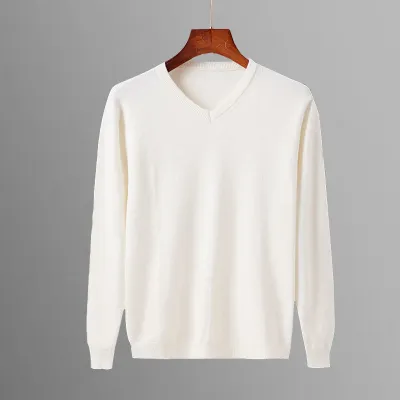 Men'S Casual Autumn Solid Color V-Neck Long-Sleeve Knitted Sweater Hug-Fit