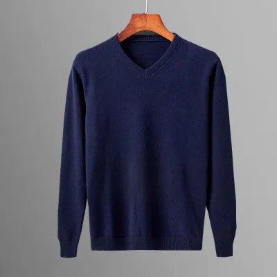 Men'S Casual Autumn Solid Color V-Neck Long-Sleeve Knitted Sweater Hug-Fit
