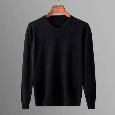 Men'S Casual Autumn Solid Color V-Neck Long-Sleeve Knitted Sweater Hug-Fit