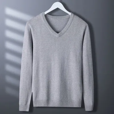 Men'S Casual Autumn Solid Color V-Neck Long-Sleeve Knitted Sweater Hug-Fit