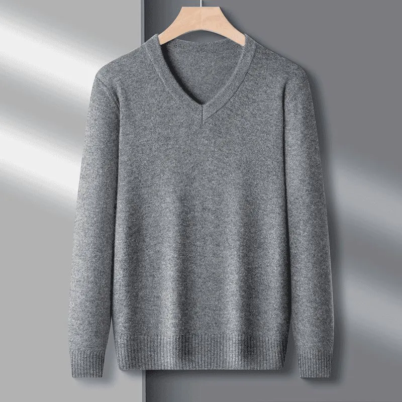 Men'S Casual Autumn Solid Color V-Neck Long-Sleeve Knitted Sweater Hug-Fit