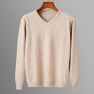 Men'S Casual Autumn Solid Color V-Neck Long-Sleeve Knitted Sweater Hug-Fit