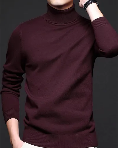 Men's Fashion Casual Spring and Autumn Solid Color High-Neck Long-Sleeve Knitted Sweater