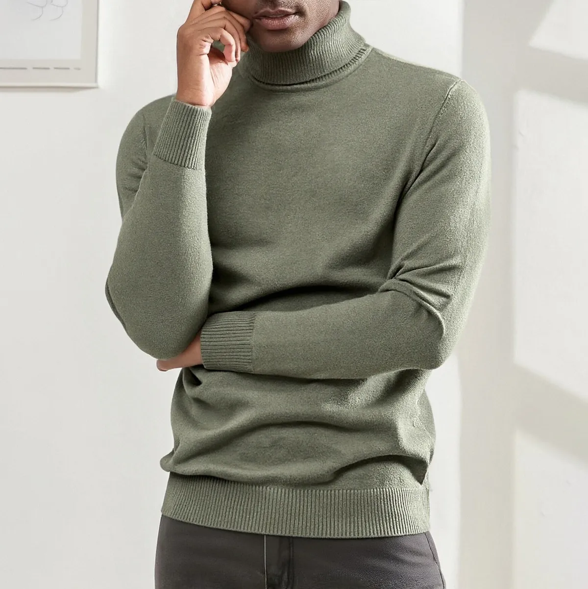 Men's Fashion Casual Spring and Autumn Solid Color High-Neck Long-Sleeve Knitted Sweater
