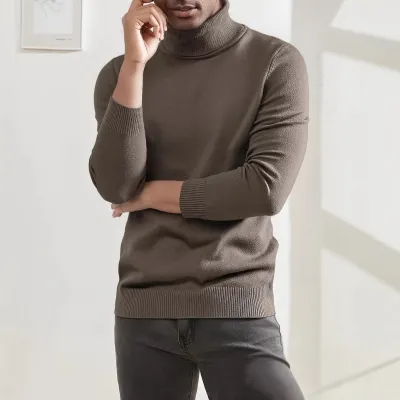 Men's Fashion Casual Spring and Autumn Solid Color High-Neck Long-Sleeve Knitted Sweater