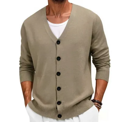 Men's Fashion Casual Spring Solid Color V-Neck Long-Sleeve Loose Knitted Cardigan Coat