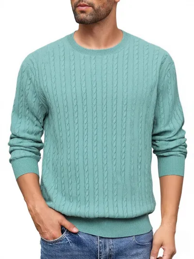Men Fashion Casual Spring Autumn Solid Color Round Neck Jacquard Long-Sleeve Knitted Sweater