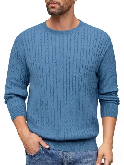 Men Fashion Casual Spring Autumn Solid Color Round Neck Jacquard Long-Sleeve Knitted Sweater