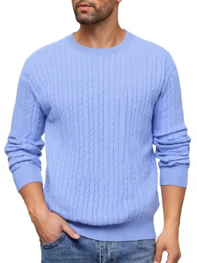 Men Fashion Casual Spring Autumn Solid Color Round Neck Jacquard Long-Sleeve Knitted Sweater