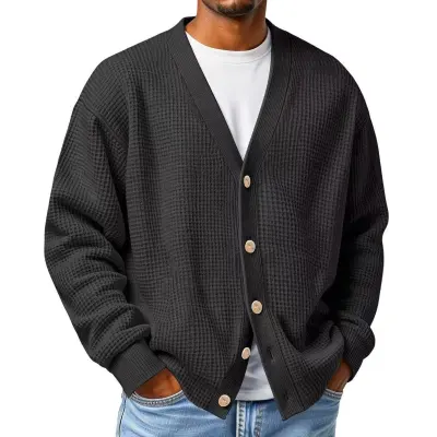 Men's Fashion Casual Autumn Winter Solid Color V-Neck Loose Knitted Cardigan