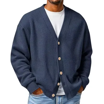Men's Fashion Casual Autumn Winter Solid Color V-Neck Loose Knitted Cardigan