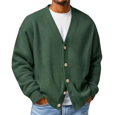 Men's Fashion Casual Autumn Winter Solid Color V-Neck Loose Knitted Cardigan