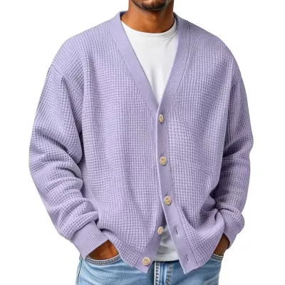 Men's Fashion Casual Autumn Winter Solid Color V-Neck Loose Knitted Cardigan