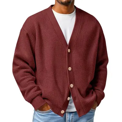 Men's Fashion Casual Autumn Winter Solid Color V-Neck Loose Knitted Cardigan