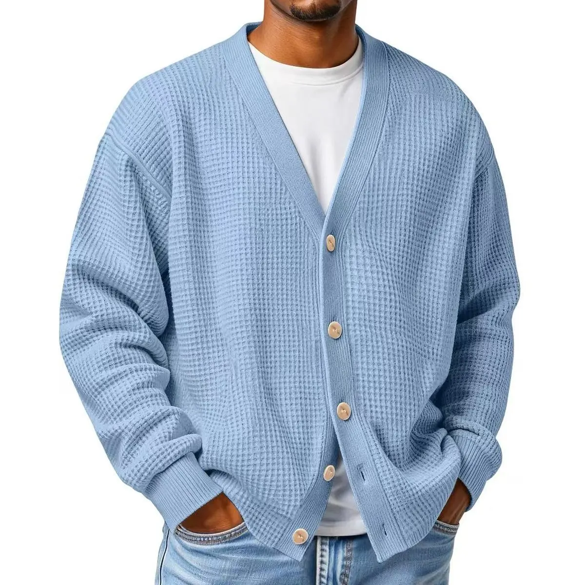 Men's Fashion Casual Autumn Winter Solid Color V-Neck Loose Knitted Cardigan