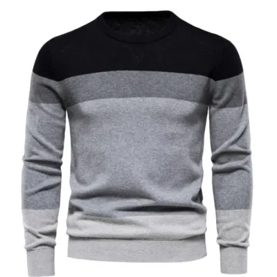 Men's Fashion Casual Stripe Round Neck Long Sleeve Viscose Knitwear Sweater
