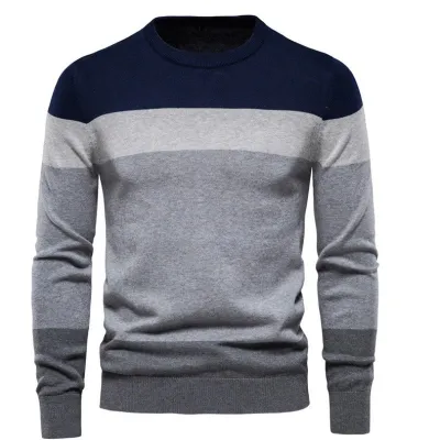 Men's Fashion Casual Stripe Round Neck Long Sleeve Viscose Knitwear Sweater