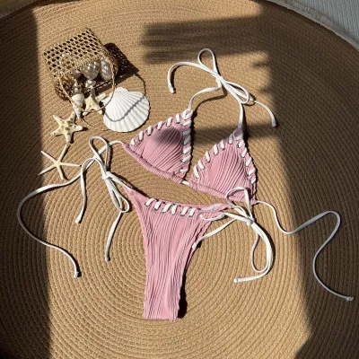 Women Fashion Sexy Solid Color Halter-Neck Lace-Up Bikini Swimsuit