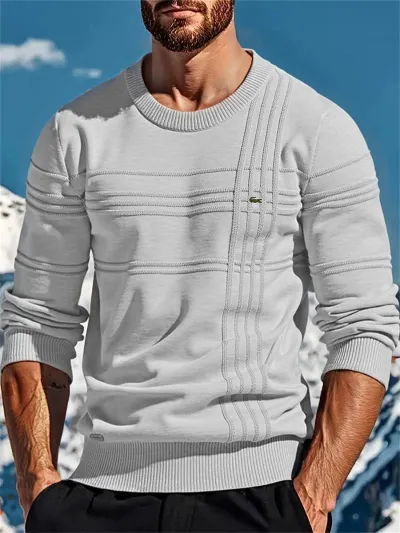 Men's Casual Long Sleeve Autumn Winter Solid Color Cotton Jacquard Knitwear Sweater