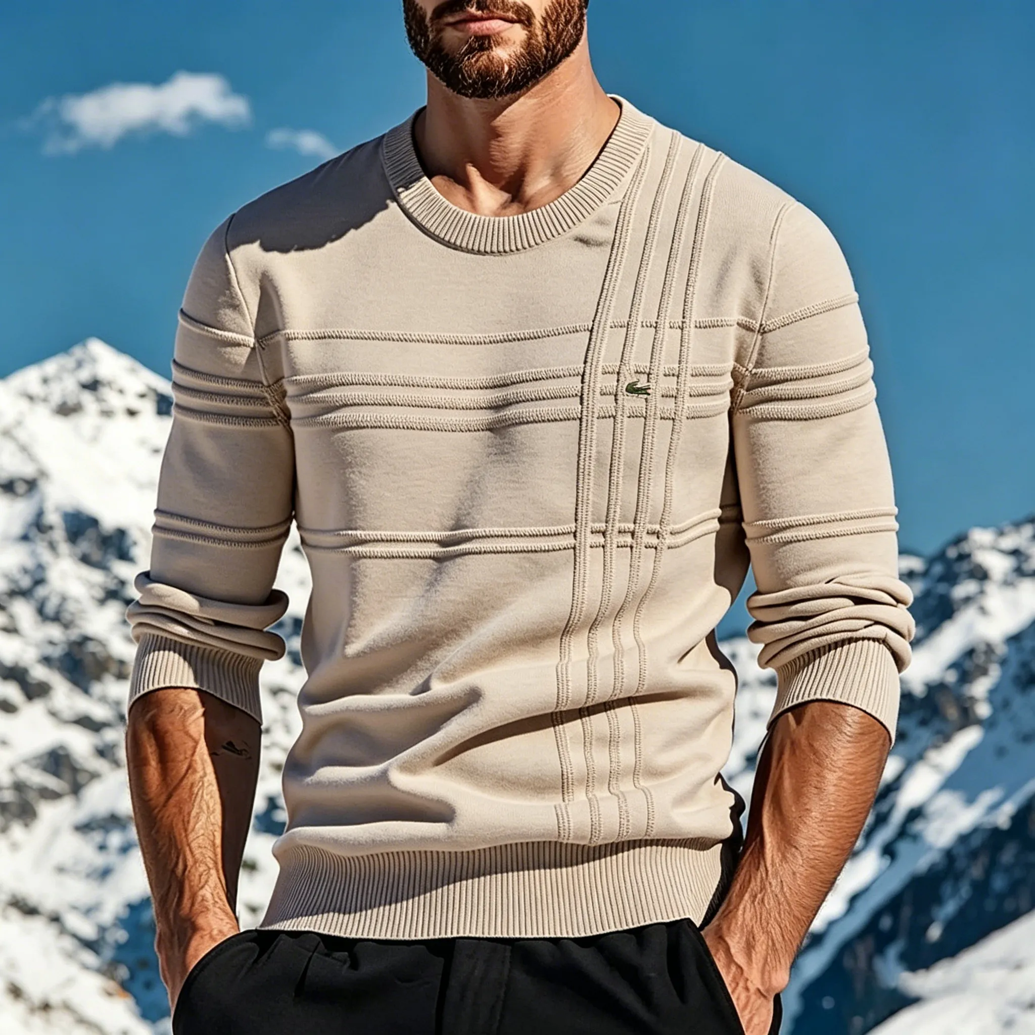 Men's Casual Long Sleeve Autumn Winter Solid Color Cotton Jacquard Knitwear Sweater