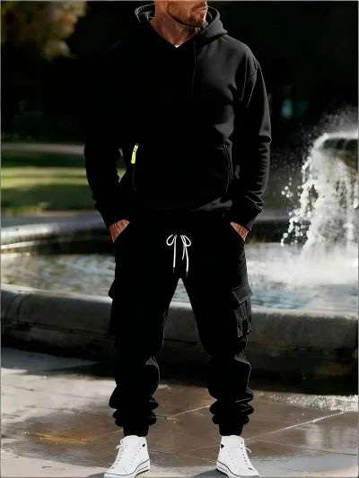 Men's Fashion Casual Spring Autumn Fleece-Lined Hoodie Multi-Pocket Pants Two-Piece Set