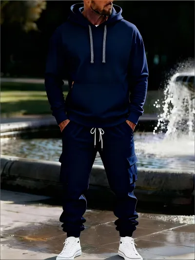 Men's Fashion Casual Spring Autumn Fleece-Lined Hoodie Multi-Pocket Pants Two-Piece Set