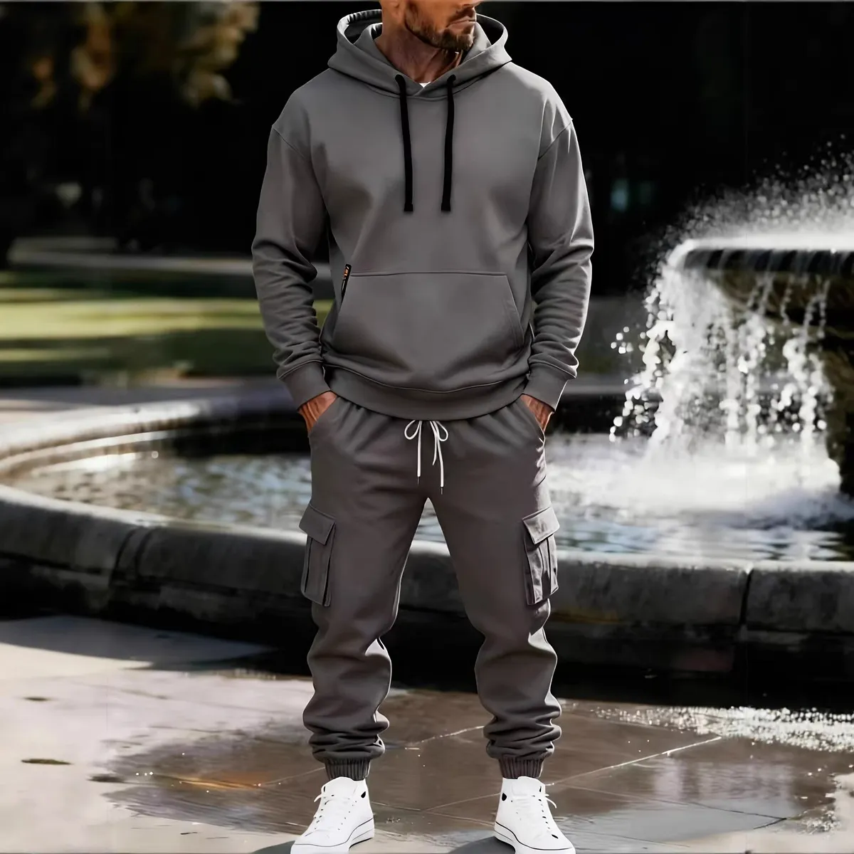Men's Fashion Casual Spring Autumn Fleece-Lined Hoodie Multi-Pocket Pants Two-Piece Set