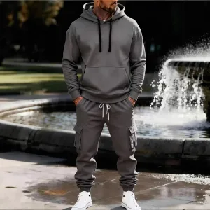Men's Fashion Casual Spring Autumn Fleece-Lined Hoodie Multi-Pocket Pants Two-Piece Set
