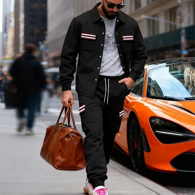 Men Fashion Casual Spring Autumn Loose Fleece-Lined Jacket Pants Two-Piece Set