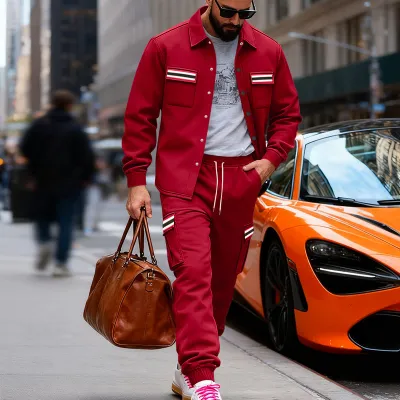 Men Fashion Casual Spring Autumn Loose Fleece-Lined Jacket Pants Two-Piece Set