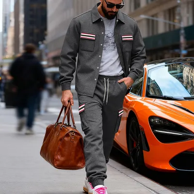 Men Fashion Casual Spring Autumn Loose Fleece-Lined Jacket Pants Two-Piece Set