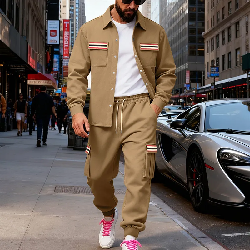 Men Fashion Casual Spring Autumn Loose Fleece-Lined Jacket Pants Two-Piece Set