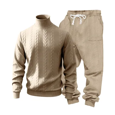 Men'S Fashion Casual Spring Autumn Solid Color Jacquard High Collar Long-Sleeve Sweatshirt Pockets Pants Two-Piece Set