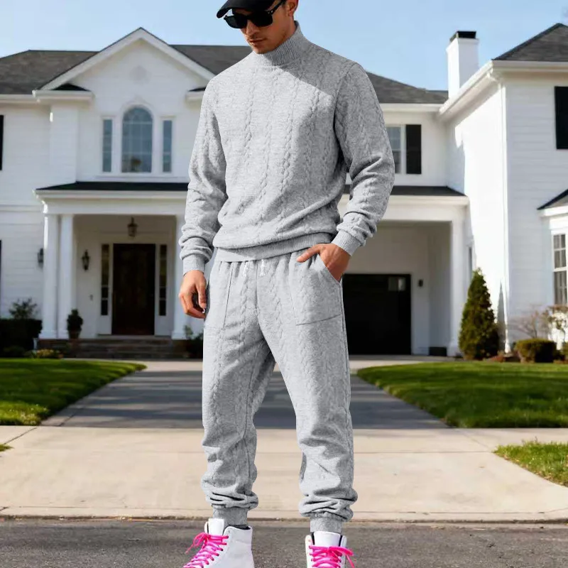 Men'S Fashion Casual Spring Autumn Solid Color Jacquard High Collar Long-Sleeve Sweatshirt Pockets Pants Two-Piece Set