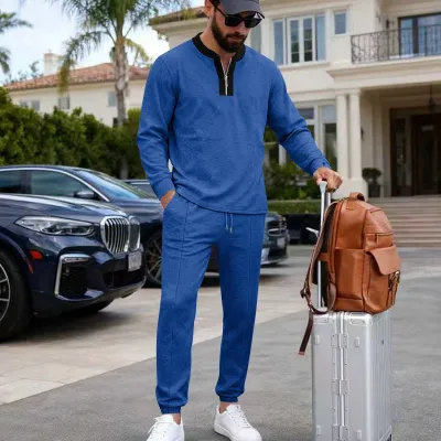 Men's Fashion Casual Spring Autumn Contrast Color Waffle Long Sleeve Sweatshirt Straight Pants Two-Piece Set