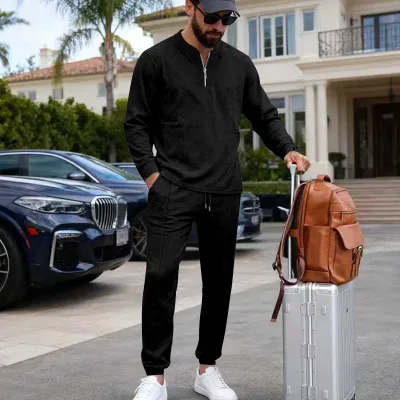 Men's Fashion Casual Spring Autumn Contrast Color Waffle Long Sleeve Sweatshirt Straight Pants Two-Piece Set